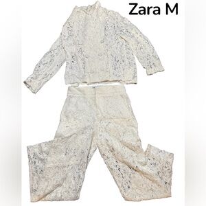 Zara Cream Lace Jacket and Pants Set